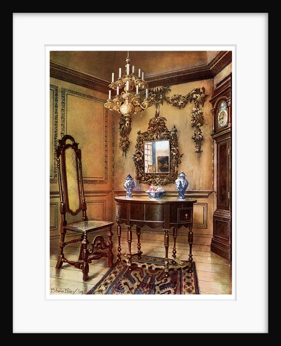 Panelling, mirror frame, walnut table and chair, Charles Wesley's walnut high case clock by Edwin Foley