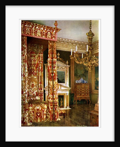 Queen Anne's bed, chest of drawers upon a stand and a wooden candelabra by Edwin Foley