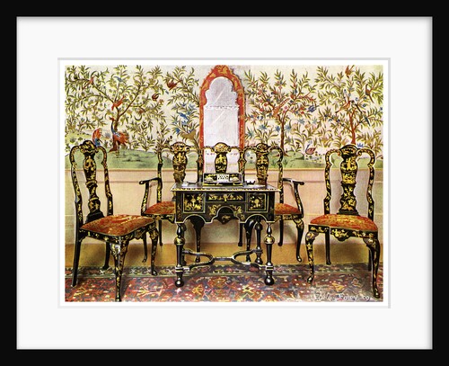 Black lacquer settee, chairs and table and red lacquer mirror by Edwin Foley