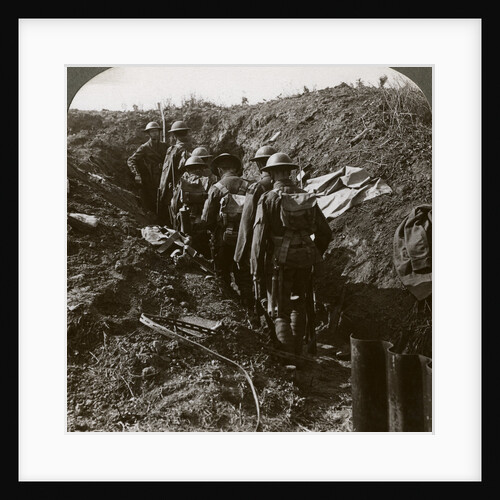 Officer watching his men file into a dug-out to avoid a German strafe, World War I by Realistic Travels Publishers
