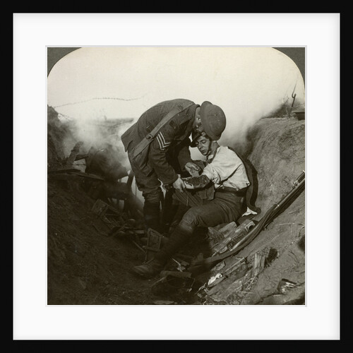 Soldier receiving first aid from a sergeant in a sap, Battle of Peronne, World War I by Realistic Travels Publishers