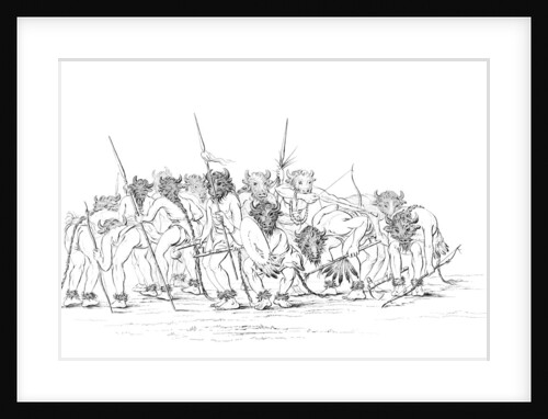 Native American hunters dancing wearing buffalo masks by Myers and Co