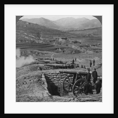 Japanese batteries firing on Russian forts, Siege of Port Arthur, Russo-Japanese War by Underwood & Underwood