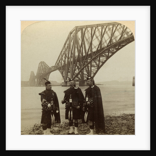 Men in Highland dress in front of the Forth Bridge, Scotland by Underwood & Underwood