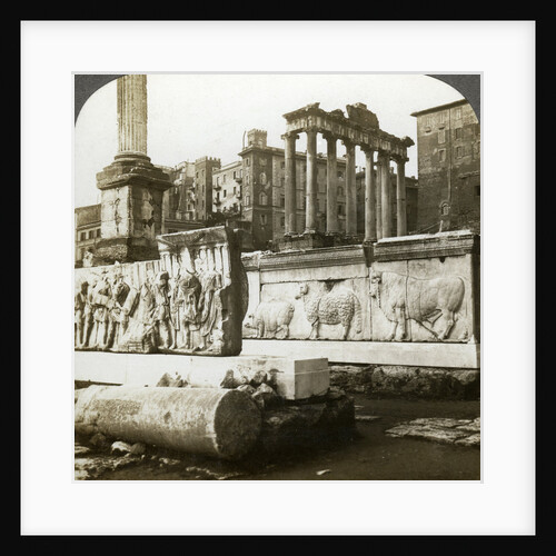 Bas reliefs of Trajan and Column of Phocas in the Forum, Rome, Italy by Underwood & Underwood