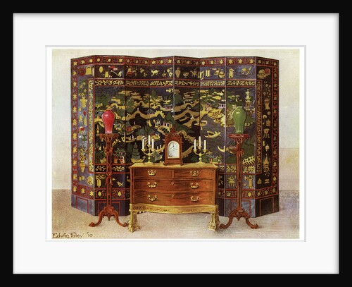 Curved commode table and Chinese lacquered eight fold screen by Edwin Foley