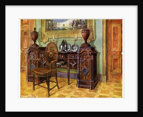 Carved mahogany pedestal sideboard and oval wheelback master's chair by Edwin Foley