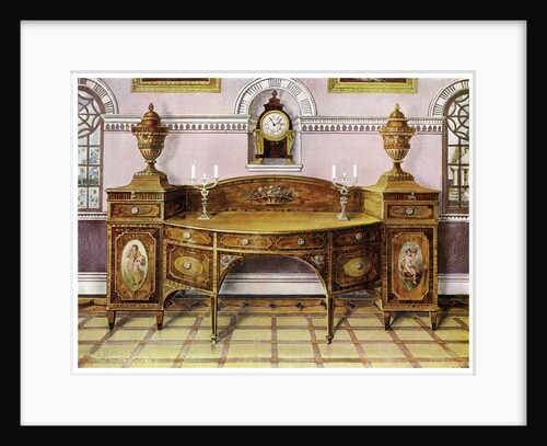 Painted and inlaid satinwood sideboard and mahogany bracket clock by Edwin Foley