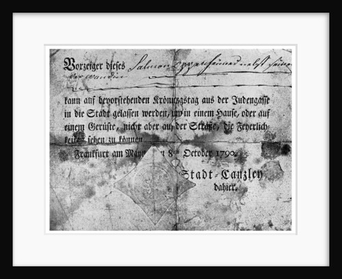 Anti-semitism: a pass issued to Jews at Frankfurt by Anonymous