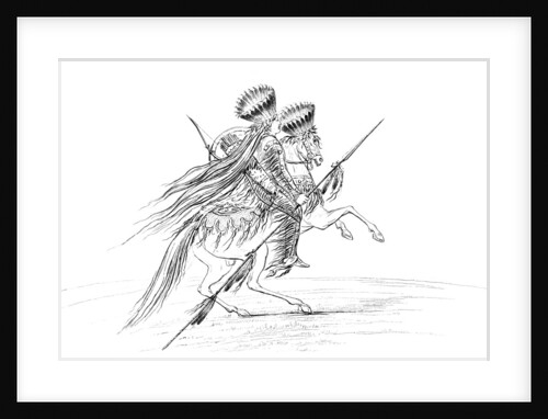 Native American male with weapons and headdress, riding a horse by Myers and Co
