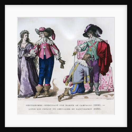 A gentleman leading a country bride,1636, and Louis XIII creating a knight by Tamisier