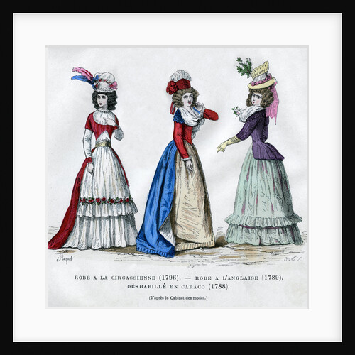 Circassian dress, 1796, English dress, 1789, and caraco housecoat by Anonymous