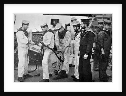 Blue jackets at work splicing a rope on board the battleship HMS Majestic by Gregory & Co