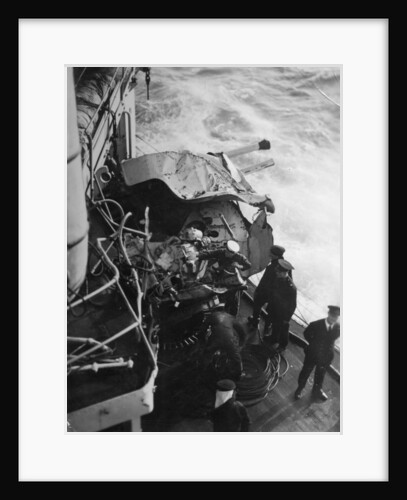 Damaged anti-aircraft gun on the British battleship HMS Malaya, off the coast of Portugal by Anonymous