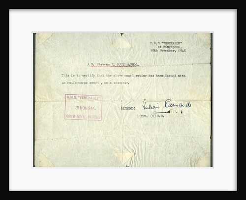 Receipt for a ex-Japanese sword, HMS Venerable, Singapore by Anonymous