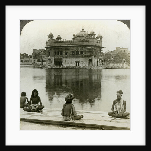 Fakirs at Amritsar, looking south across the Sacred Tank to the Golden Temple, India by Underwood & Underwood