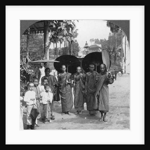 Buddhist monks with sunshades and fans, Rangoon, Burma by Stereo Travel Co