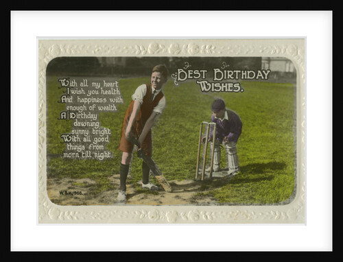 Birthday card featuring two boys playing cricket by Anonymous