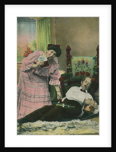 A postcard of a wife taking her drunk husband's money by Anonymous