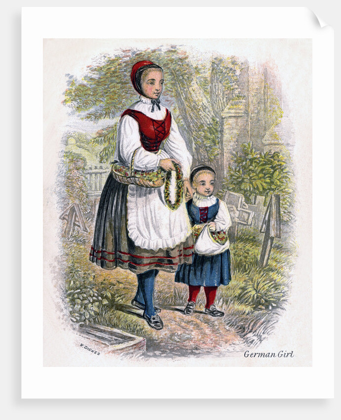 Two German Girls with Baskets of Flowers by W Dickes
