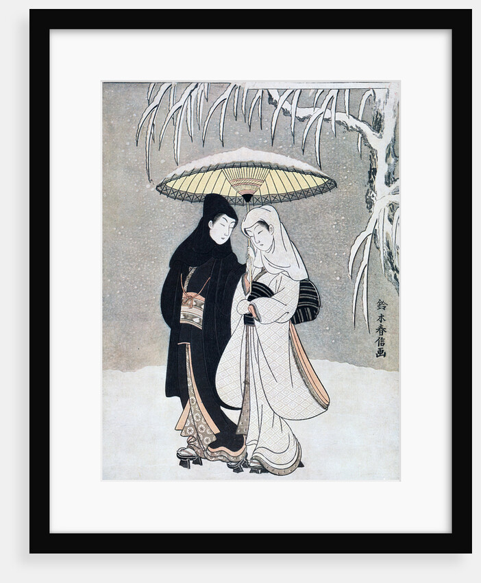 Crow and Heron, or Young Lovers Walking Together under an Umbrella in a Snowstorm by Suzuki Harunobu