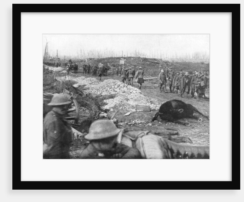 Allied troops and German prisoners at the Menin Road, near Ypres, Belgium by Anonymous