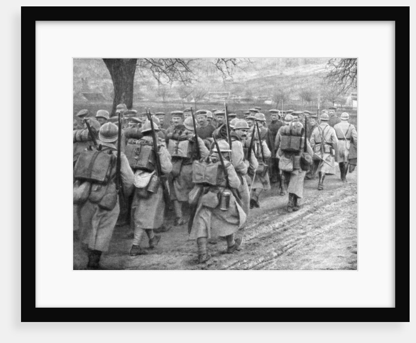 Relief French infantry passing a line of prisoners, Plessis-de-Roye, Picardy, France by Anonymous
