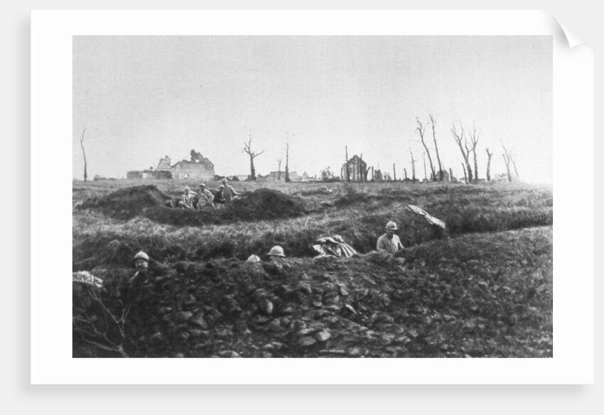 French infantry establishing fallback positions in front of a ruined farm, Picardy, France by Anonymous