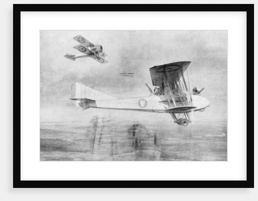 Three-seated aeroplane on a photographic mission, protected by a Spad fighter aircraft by Etienne Cournault