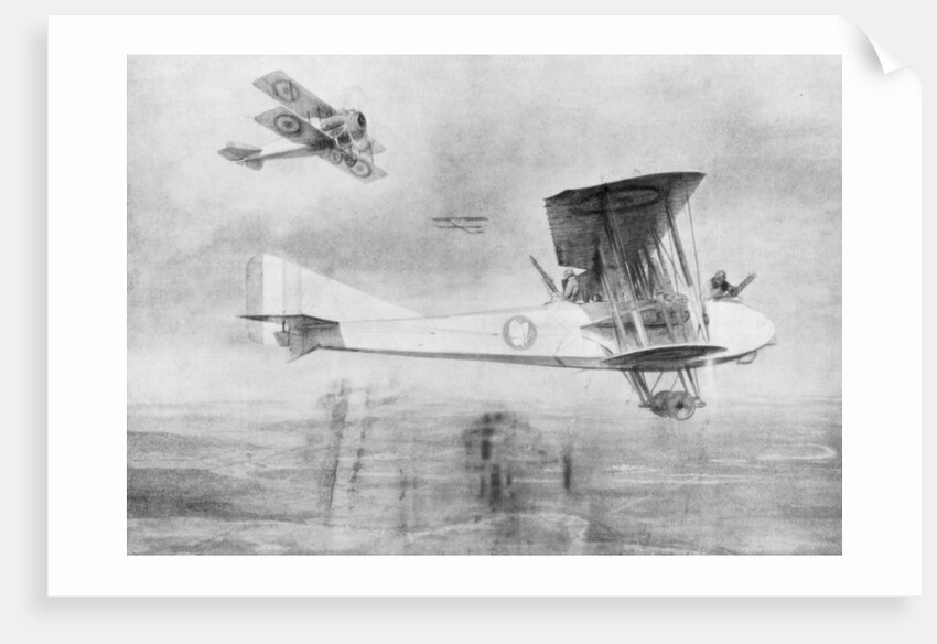 Three-seated aeroplane on a photographic mission, protected by a Spad fighter aircraft by Etienne Cournault