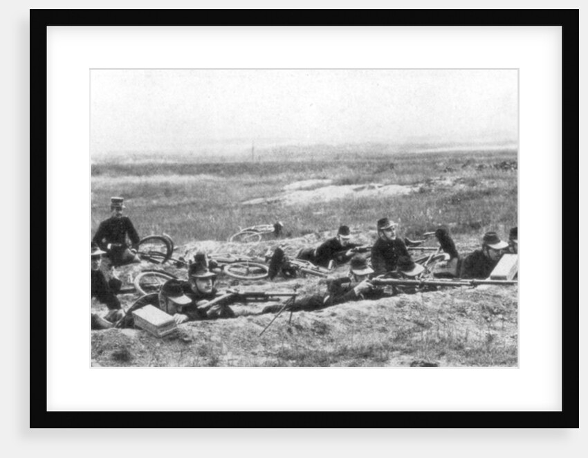 Belgian bicycle troops using Hotchkiss machine guns in Haelen, Belgium, August 1914 by Montigny