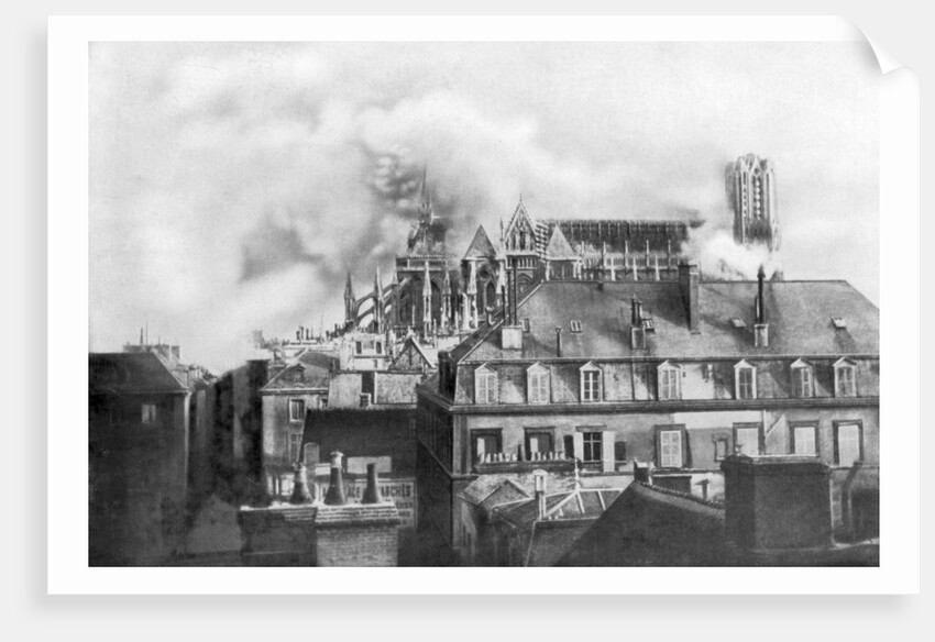 Cathedral of Reims on fire from German shelling, France by Anonymous