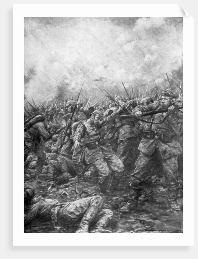 'German soldiers under fire from allied guns', Flanders, World War I by J Simont