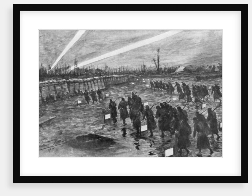 British troops advance under cover of darkness, Neuve-Chapelle, France by Frederic Villiers