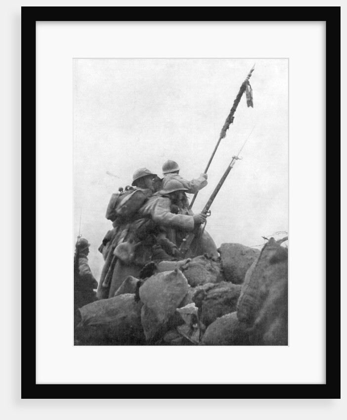 French troops with their regimental flag, the 2nd Battle of Champagne, France by Anonymous