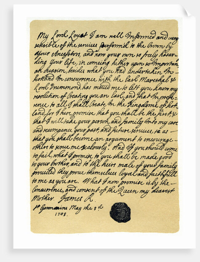 Letter from James Edward Stuart to Simon Fraser, Lord Lovat, St Germains, 3rd May 1703 by James Stuart