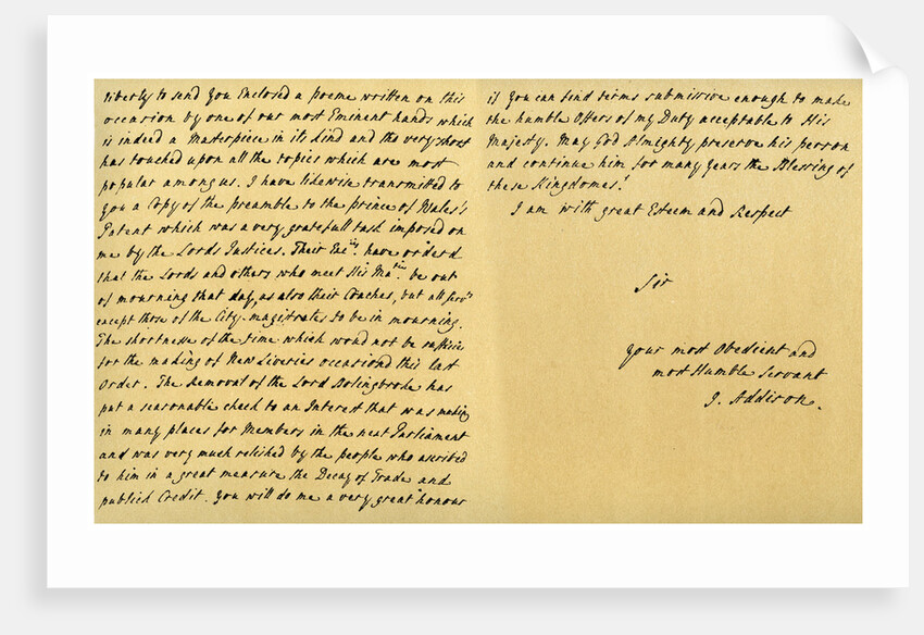 Letter from Joseph Addison to J Robethon, Secretary to George I, 4th September 1714 by Joseph Addison