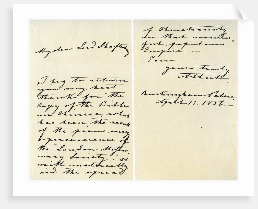 Letter from Albert, Prince Consort to Anthony Ashley Cooper by Prince Albert
