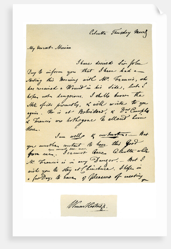 Letter from Warren Hastings, Governor-General of Bengal to his wife by Warren Hastings