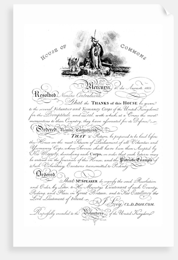 House of Commons resolution conveying thanks to the Volunteer Yeomanry Corps by Anonymous