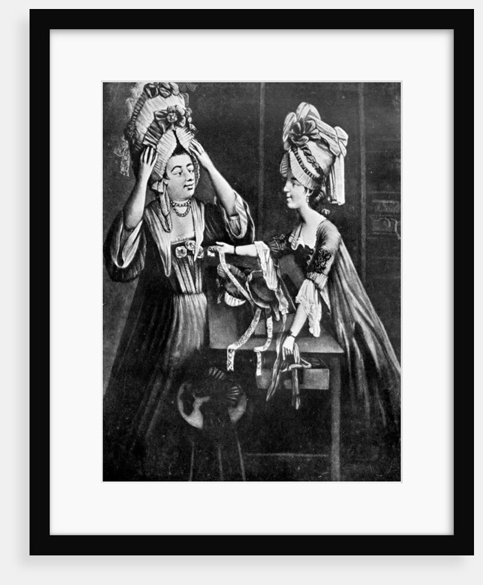 A Milliner's Shop; Mrs Monopolize, the butcher's wife, purchasing a modern head dress by Anonymous