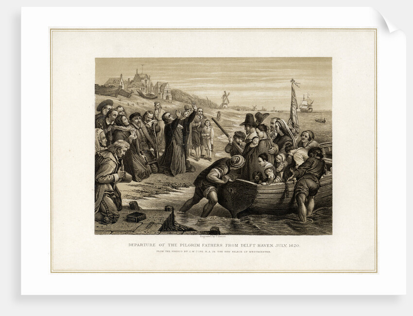 Departure of the Pilgrim Fathers from Delft Haven, July 1620 by T Bauer