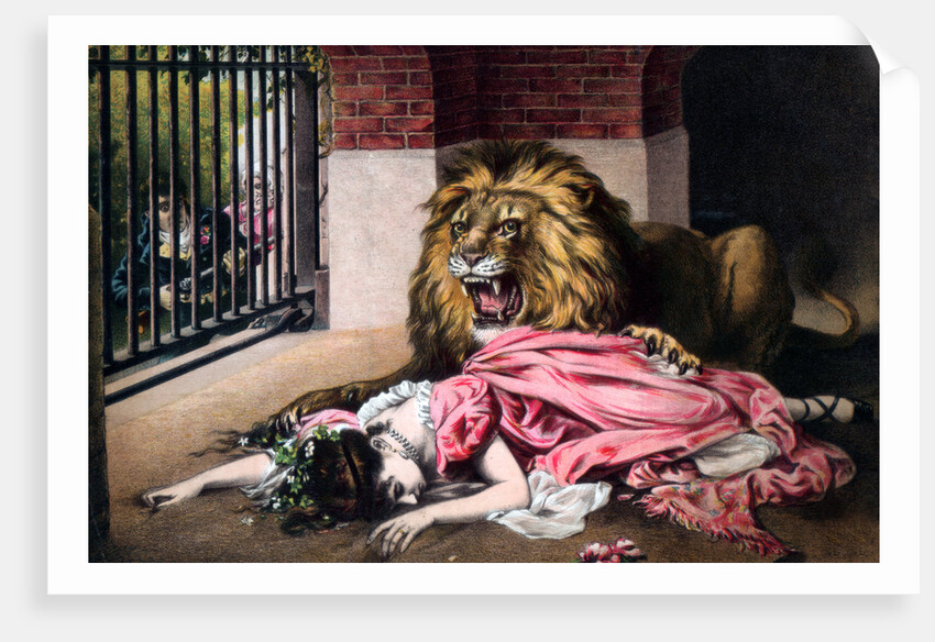 Caged Lion with sleeping woman by Anonymous