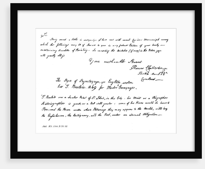 Part of a letter from Thomas Chatterton to Horace Walpole by Thomas Chatterton