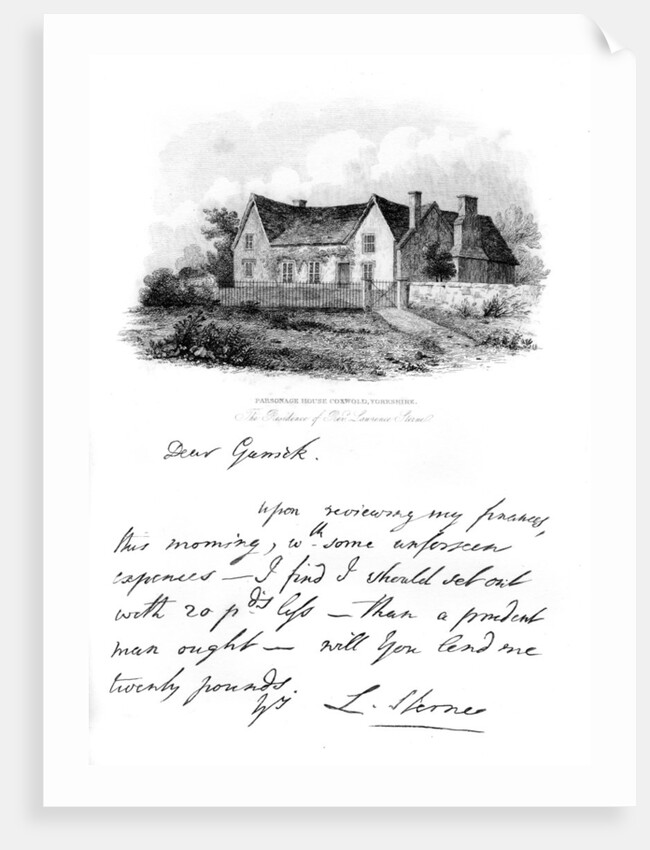 A note from Sterne to Garrick, and a view of Sterne's house in Yorkshire by Anonymous