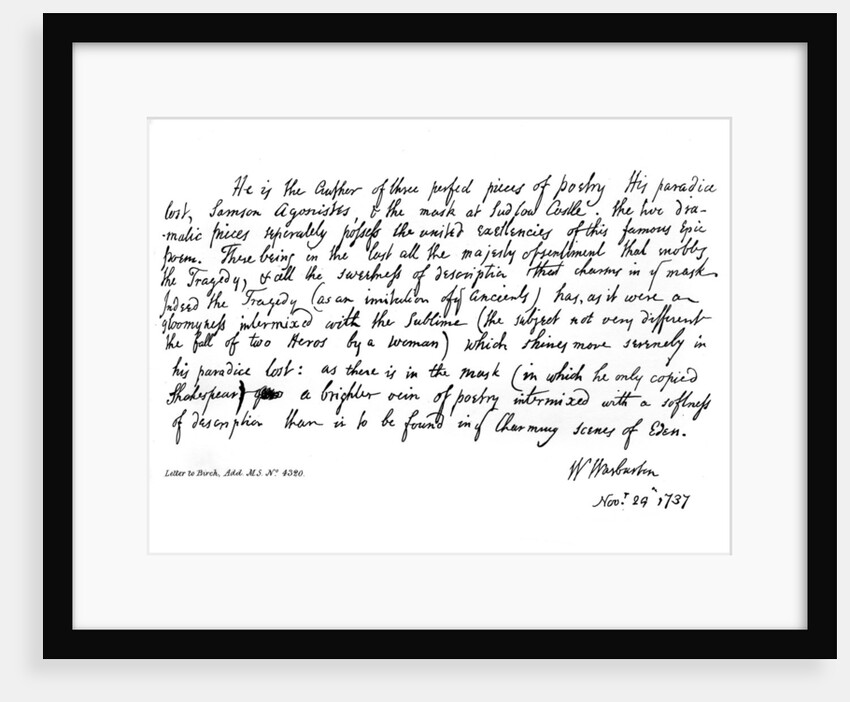 Part of a letter from Bishop Warburton, respecting the poems of Milton by William Warburton