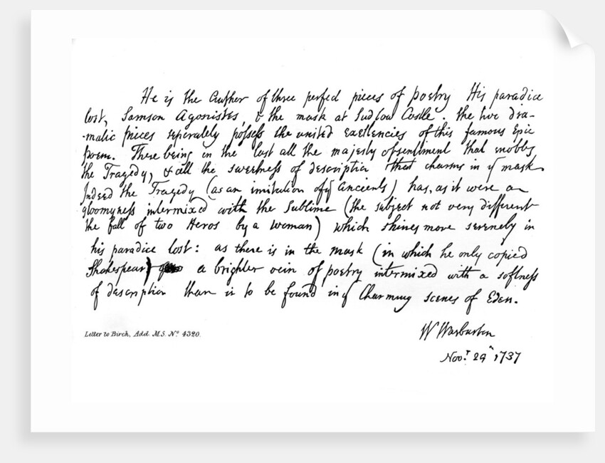 Part of a letter from Bishop Warburton, respecting the poems of Milton by William Warburton