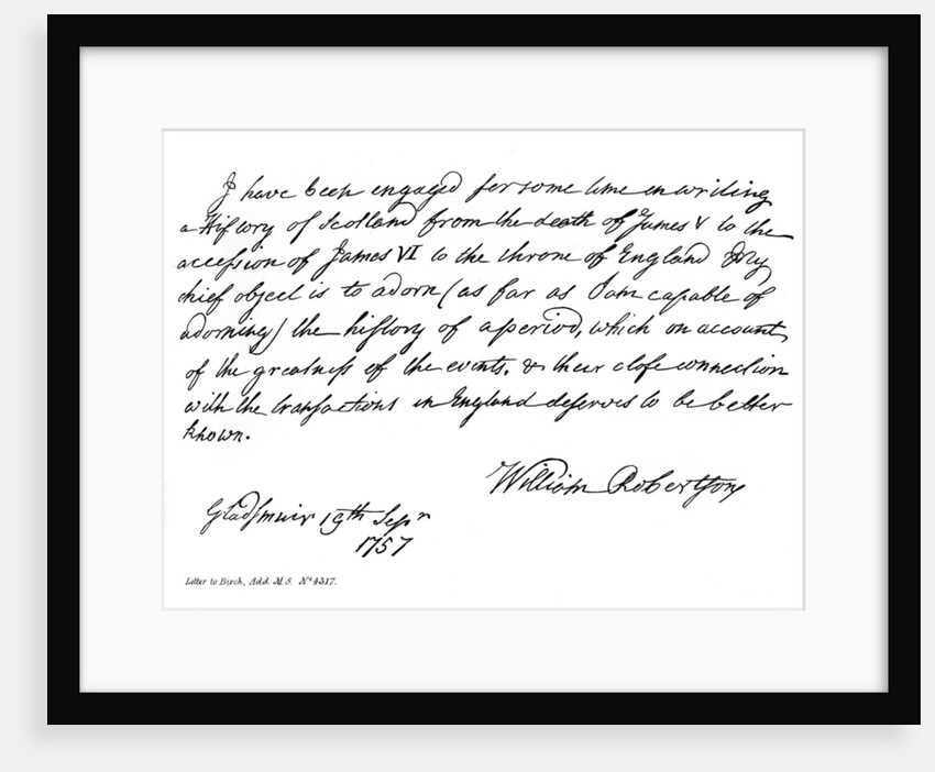 Part of a letter from Dr William Robertson concerning his History of Scotland by William Robertson