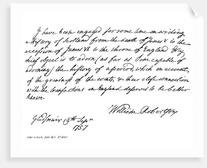 Part of a letter from Dr William Robertson concerning his History of Scotland by William Robertson