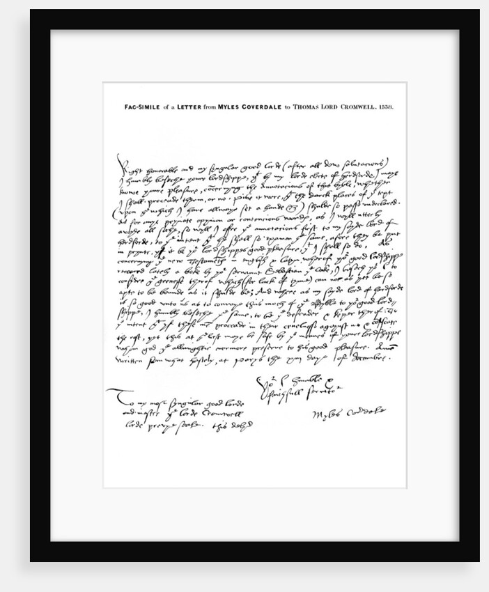 A letter from Miles Coverdale, Bishop of Exeter, to Thomas Lord Cromwell by Miles Coverdale